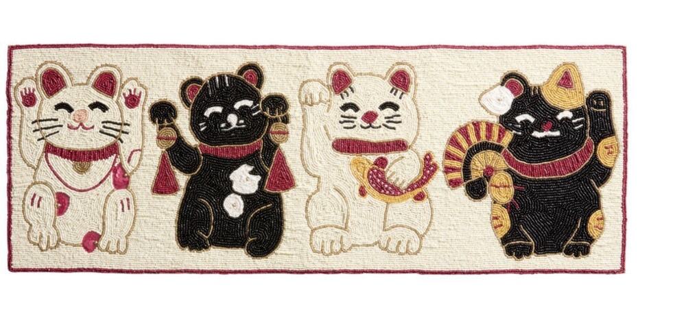 New World Market Japanese Good Lucky Cats Beaded Table Runner Decor 13” X 36”
